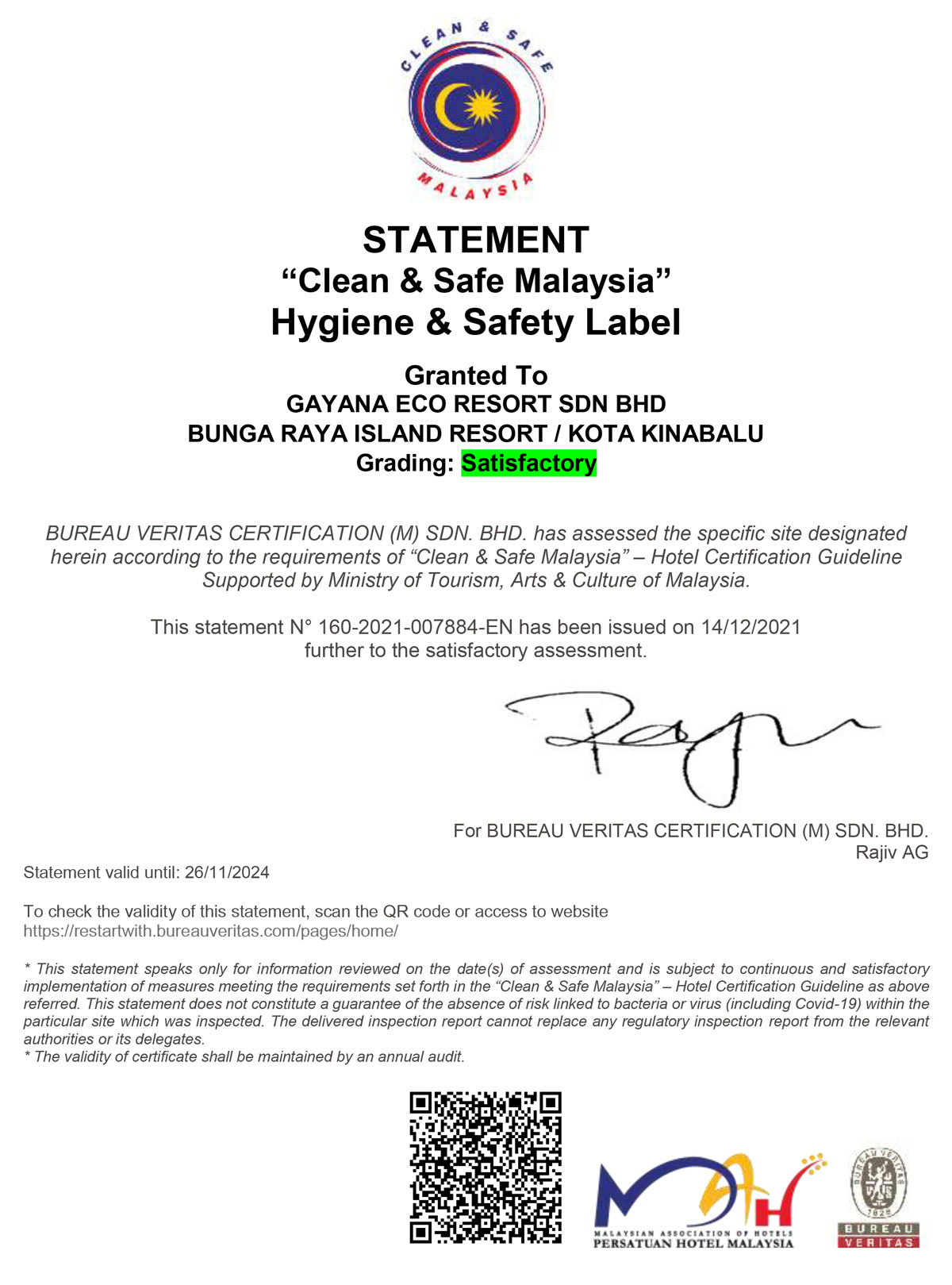 Clean and Safe Malaysia Certificate – Bungaraya Island Resort