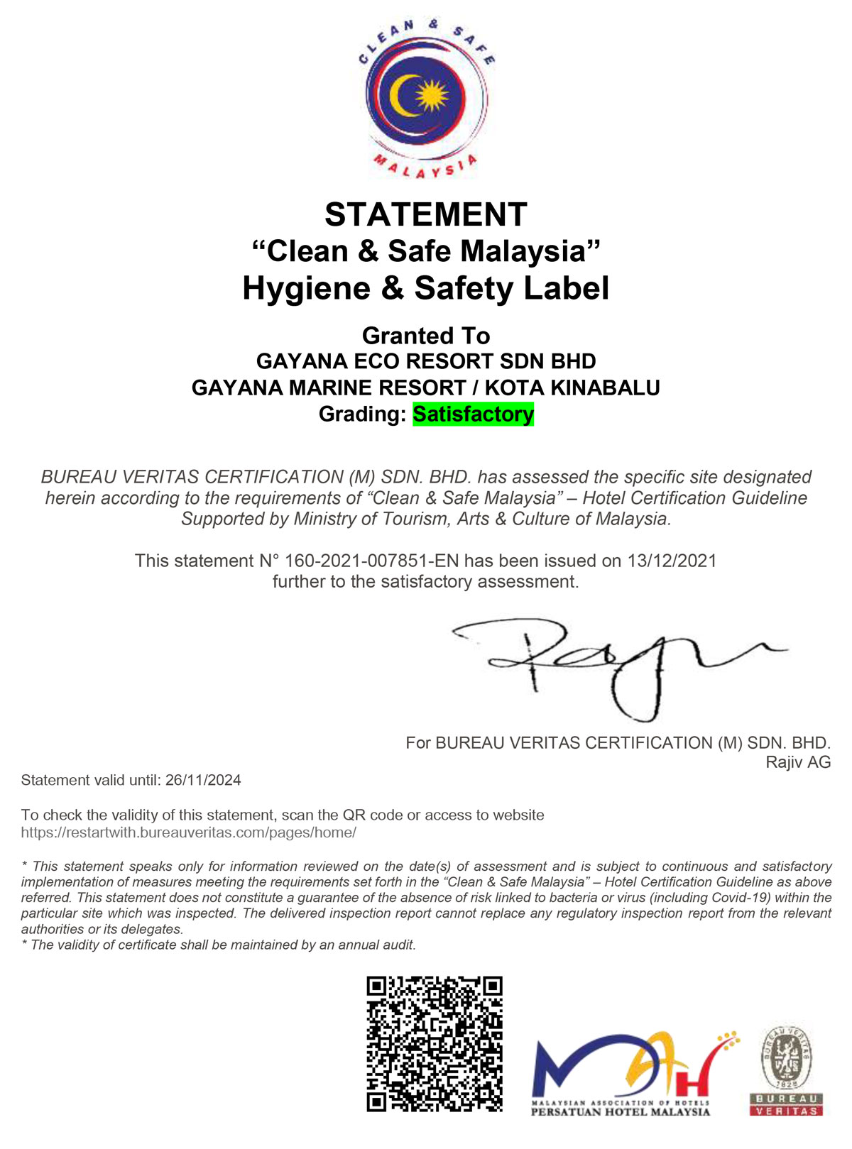 Clean and Safe Malaysia Certificate – Gayana Marine Resort